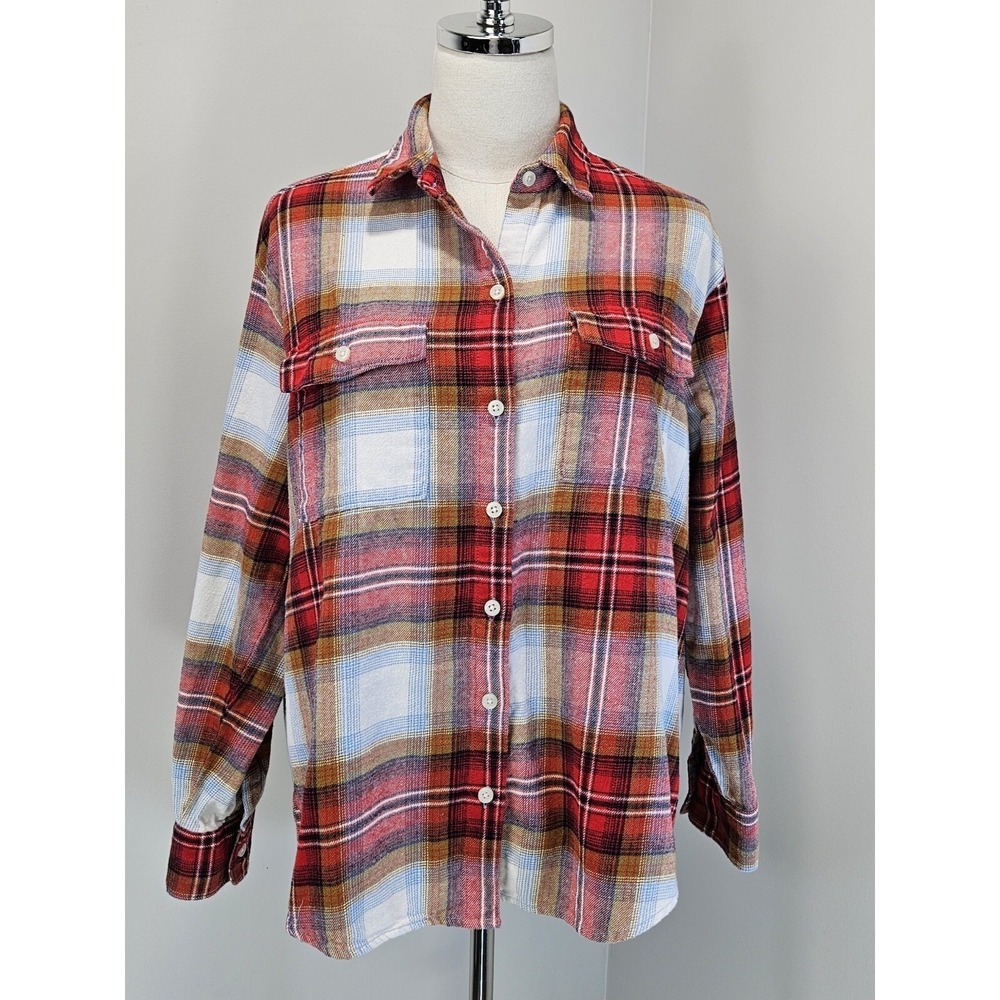 Old Navy The Boyfriend Shirt Womens Medium Red Plaid Cotton Tunic LS 422829-07